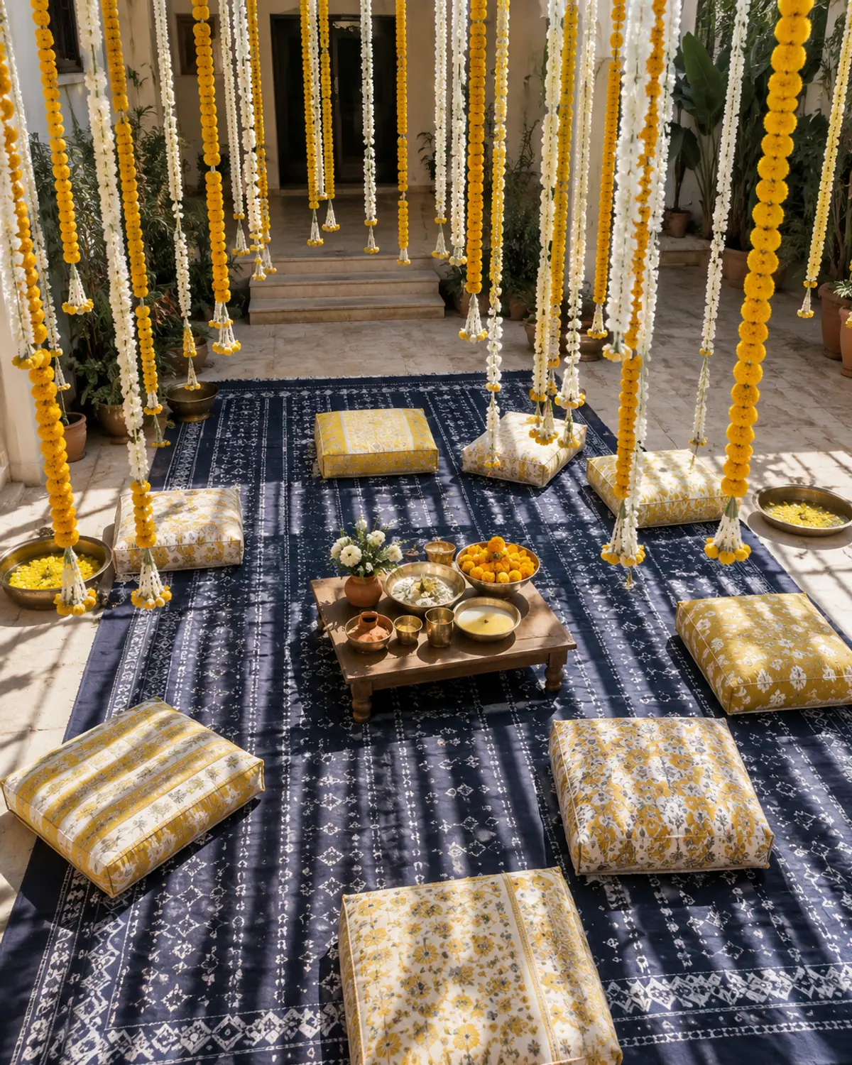A haldi setup: block-printed cushions on an indigo dhurrie under hanging marigold and tuberose strings, with brass thalis on a low stool.