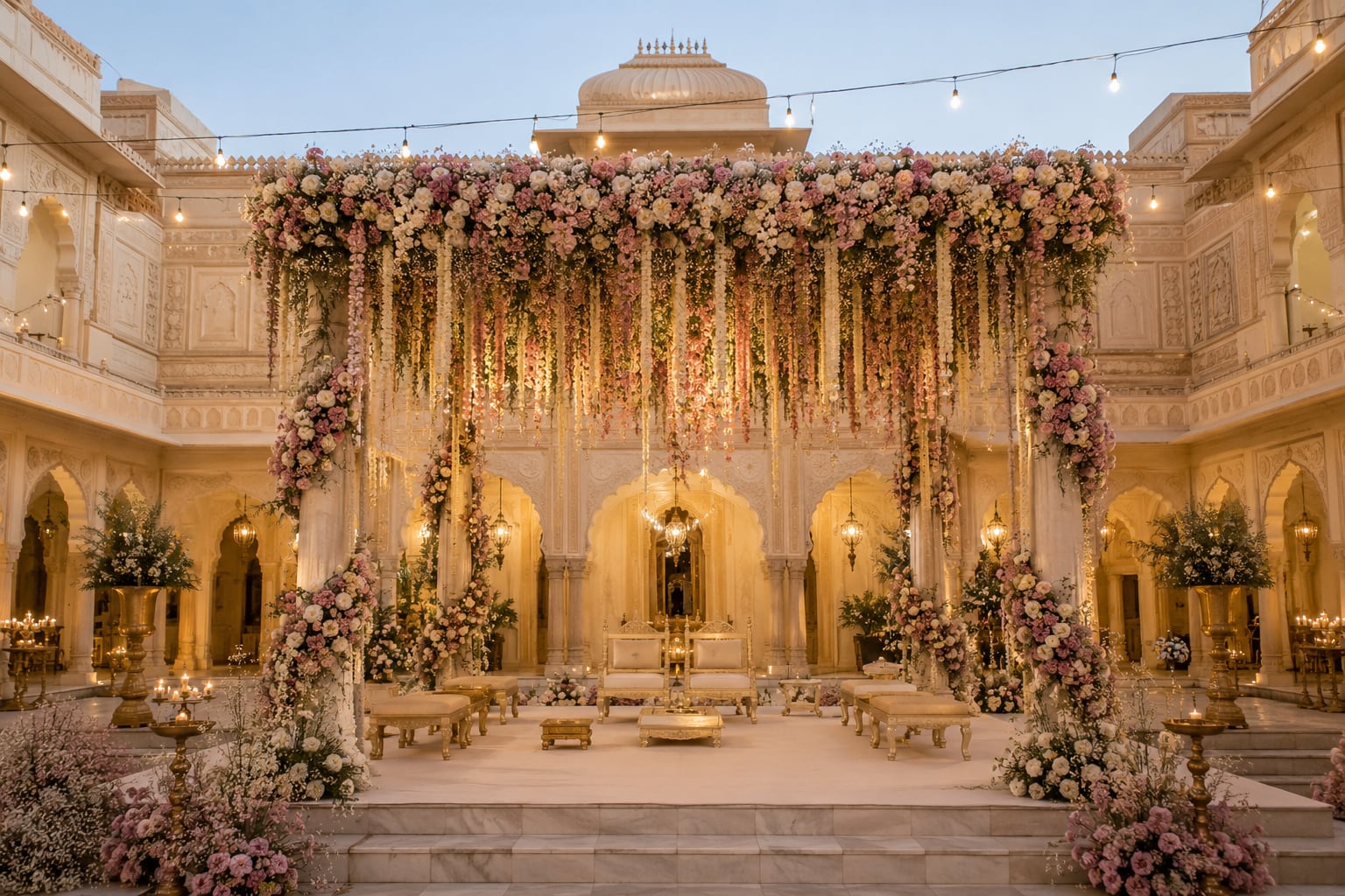 Mandap seen wide, the full courtyard visible
