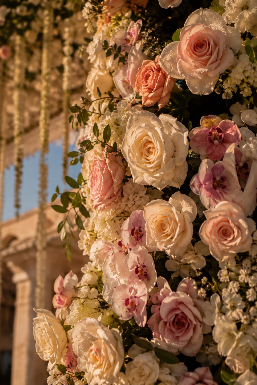 Close detail of the rose and orchid work, portrait