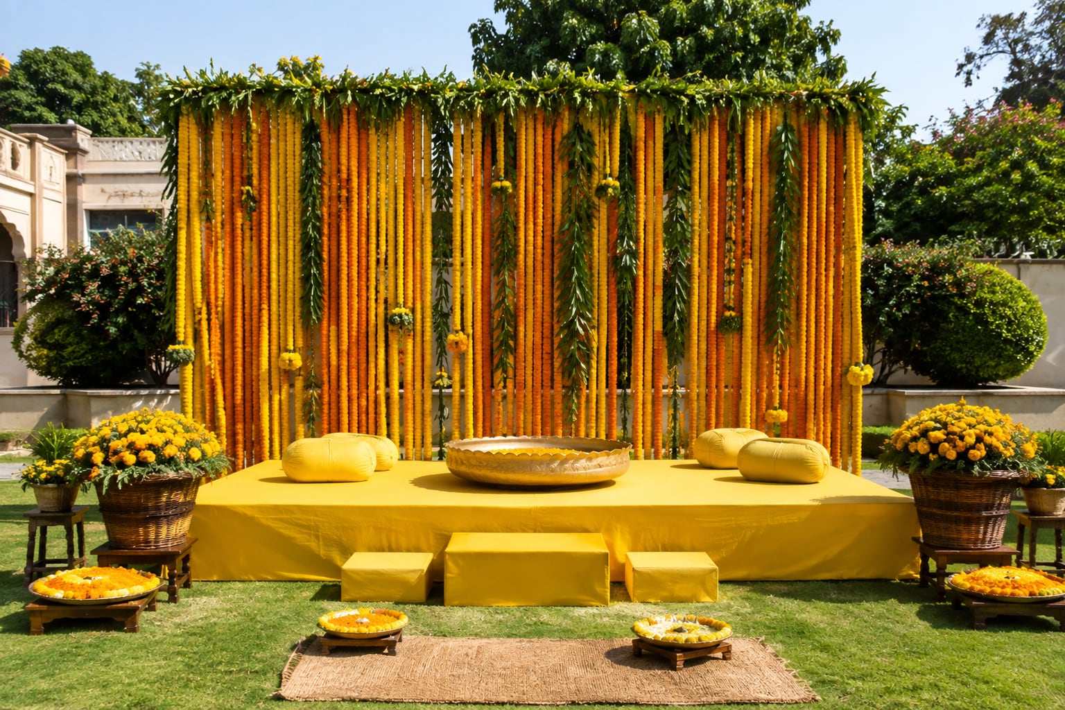 The haldi setup wide, lawn and platform