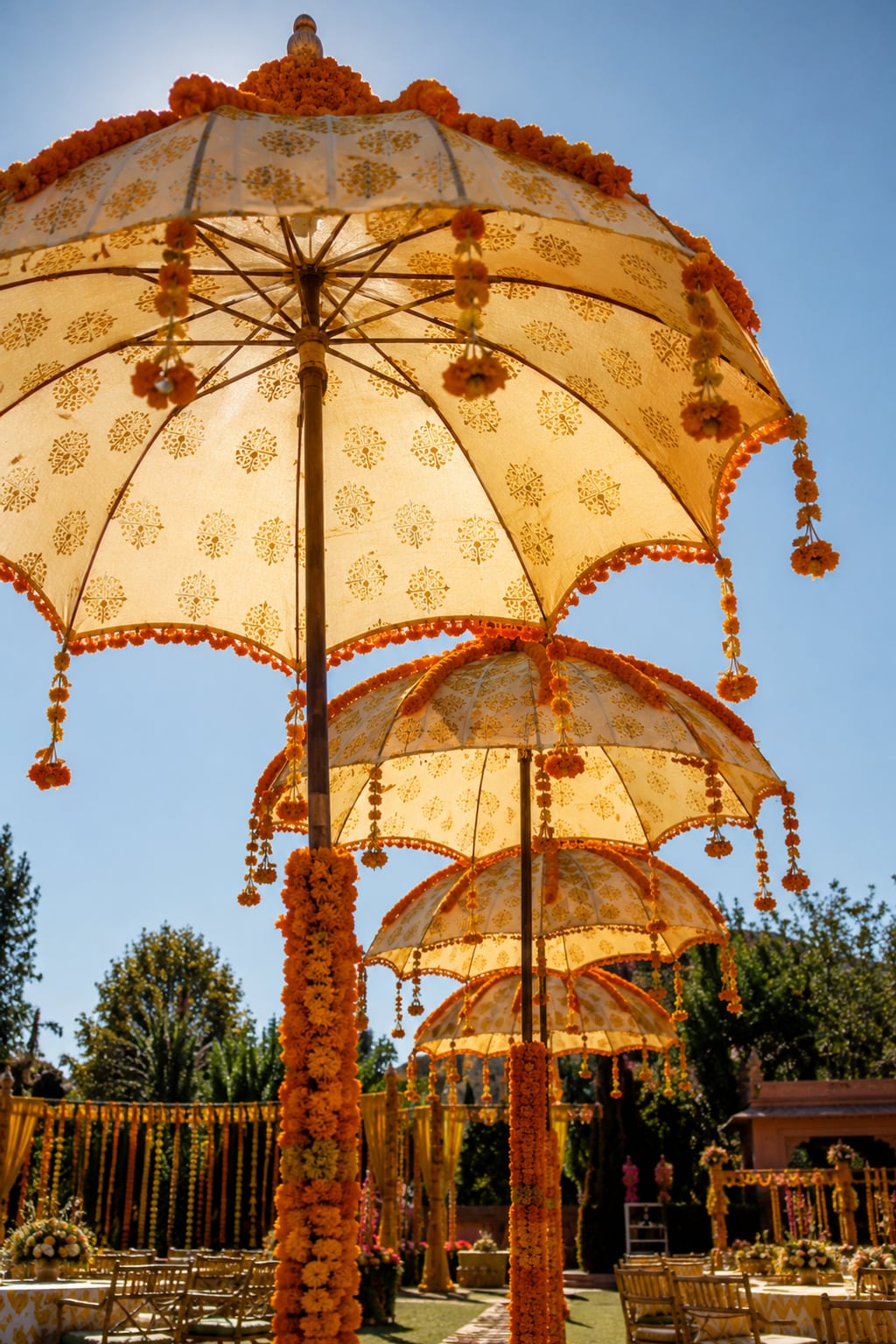 Cotton umbrellas over the guest seating, portrait