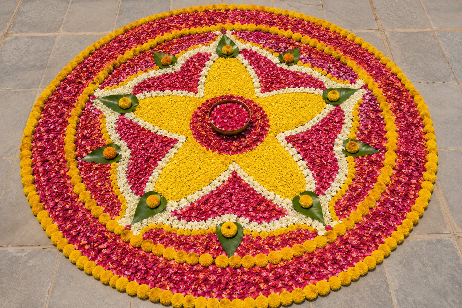 Flower rangoli on the lawn floor