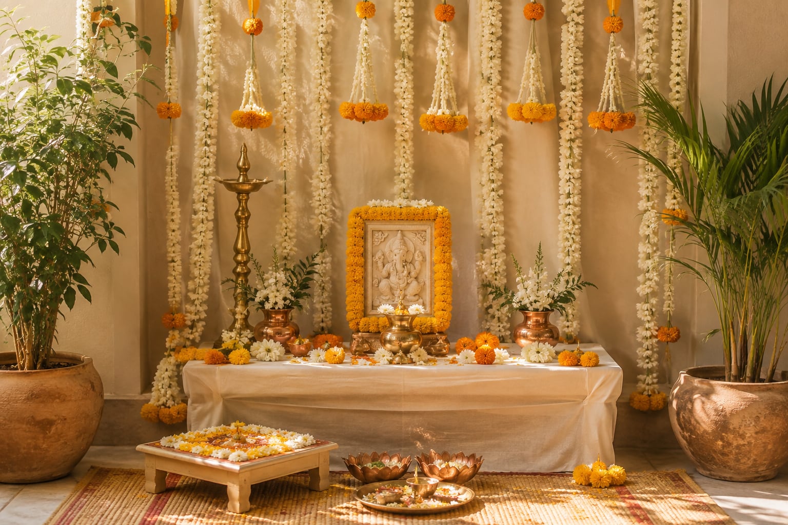Pooja corner with jasmine work