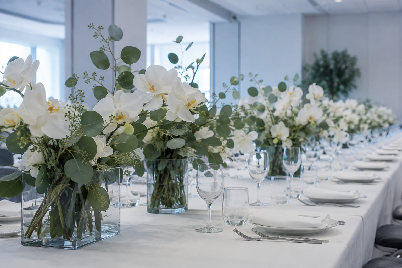 Table centrepieces across the dining area