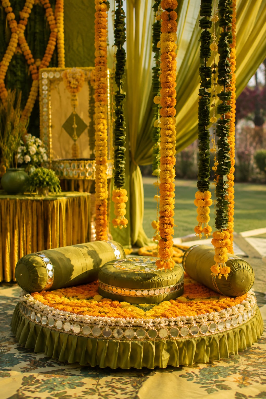 Low mehendi seating, cushions and thaal