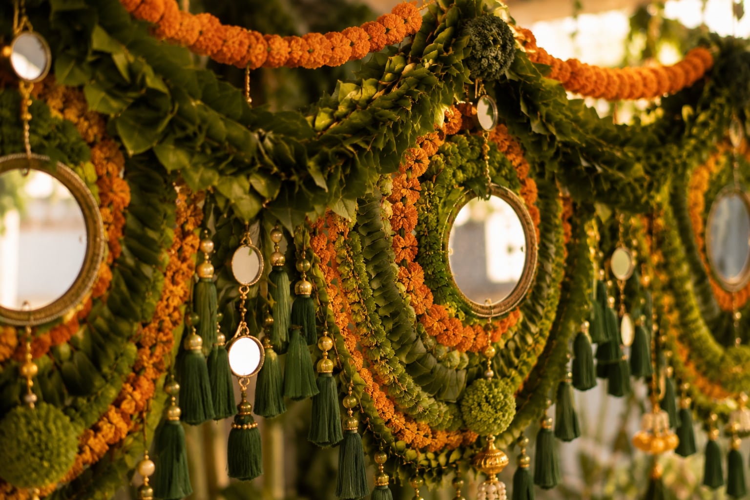 Close detail of a green and marigold garland with mirror-work