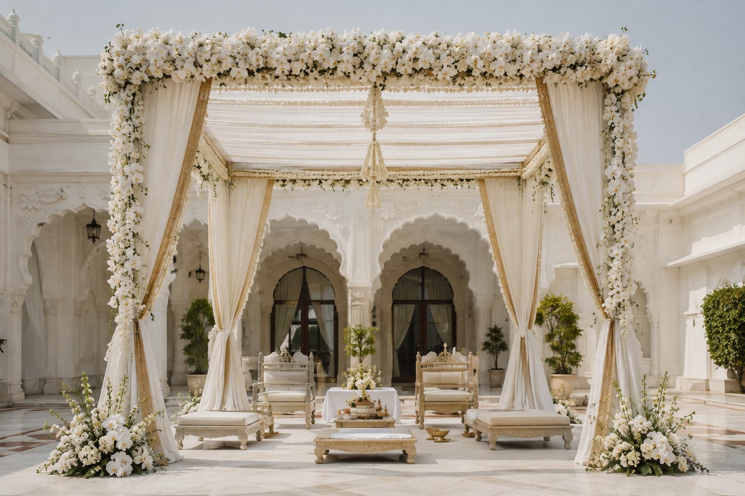 A minimalist white-and-gold mandap, orchid and jasmine