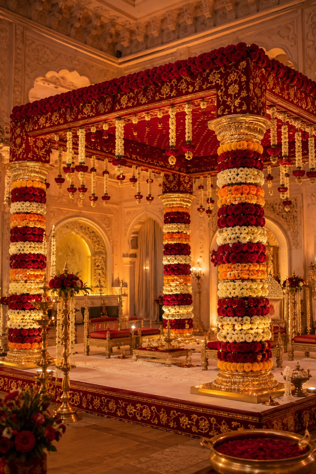 A traditional red-and-gold four-pillar mandap