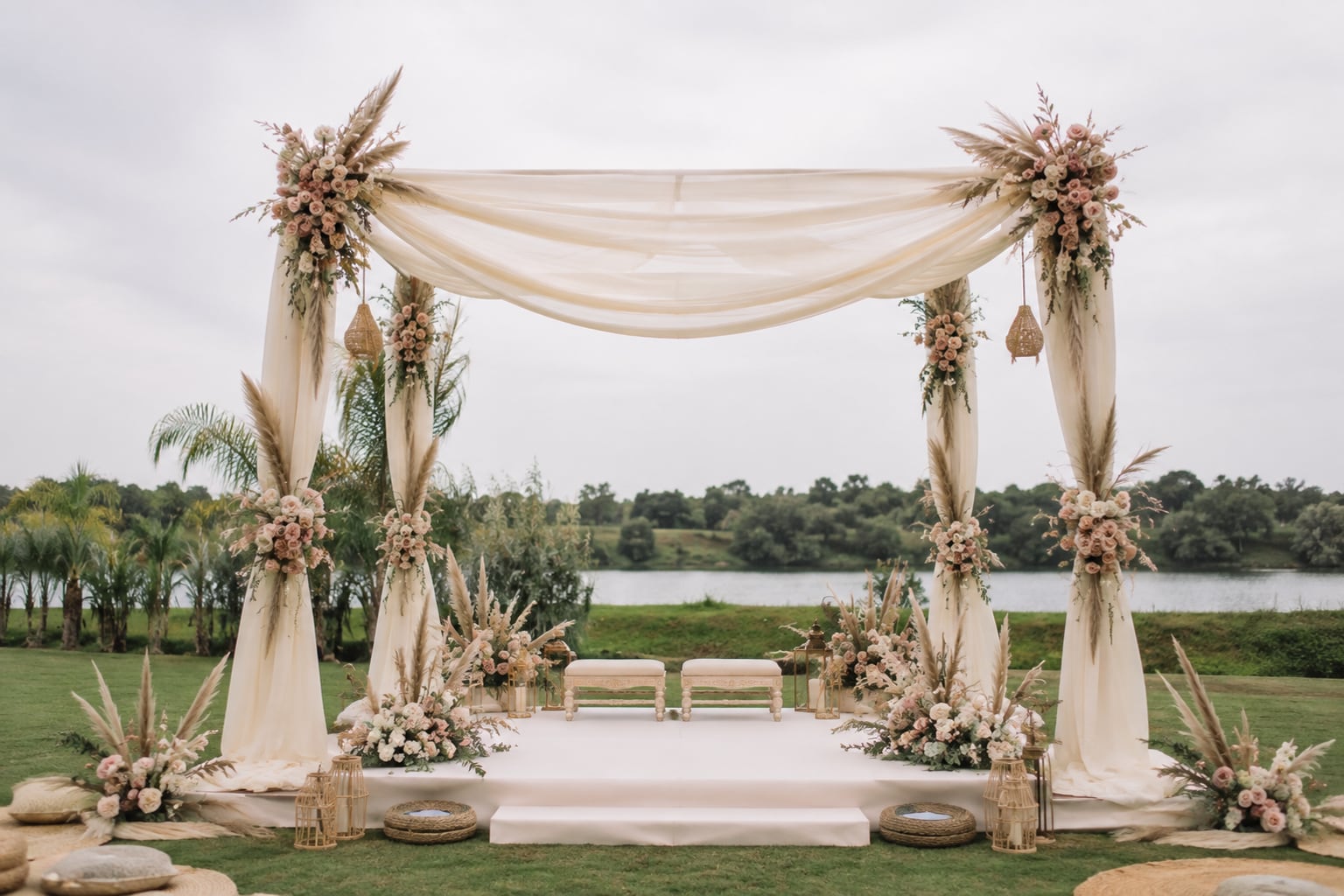 A pastel boho mandap with pampas grass and blush rose