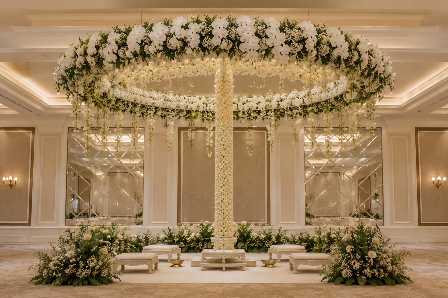 A round single-pillar phool mandap with trailing orchids