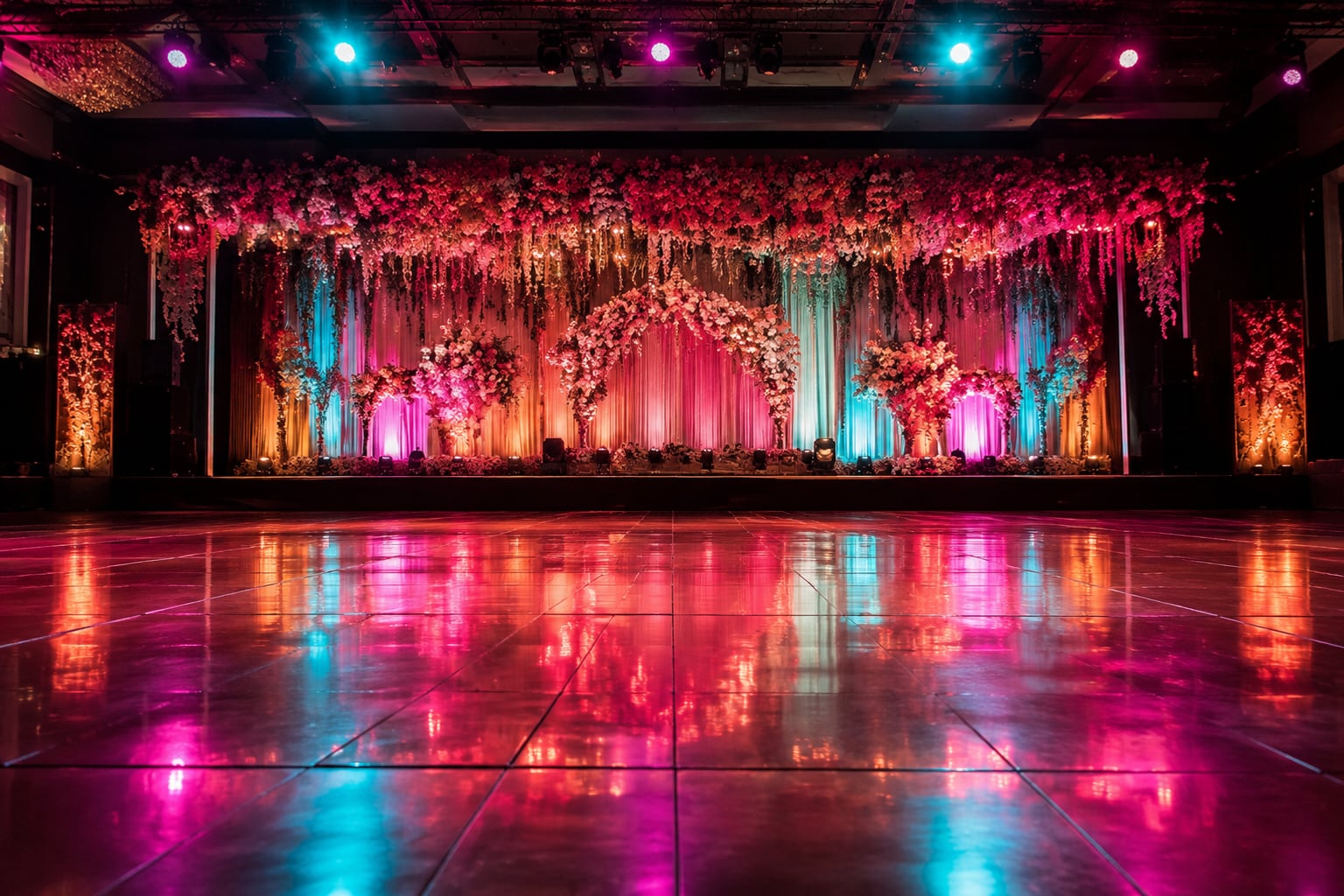 The sangeet stage with the dance floor empty and waiting