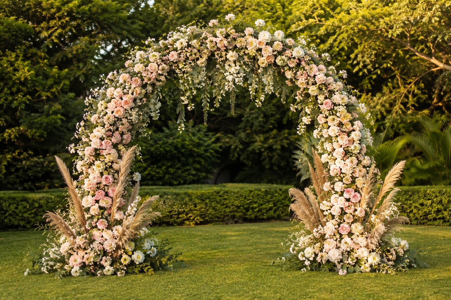 A floral photo-arch on an open lawn