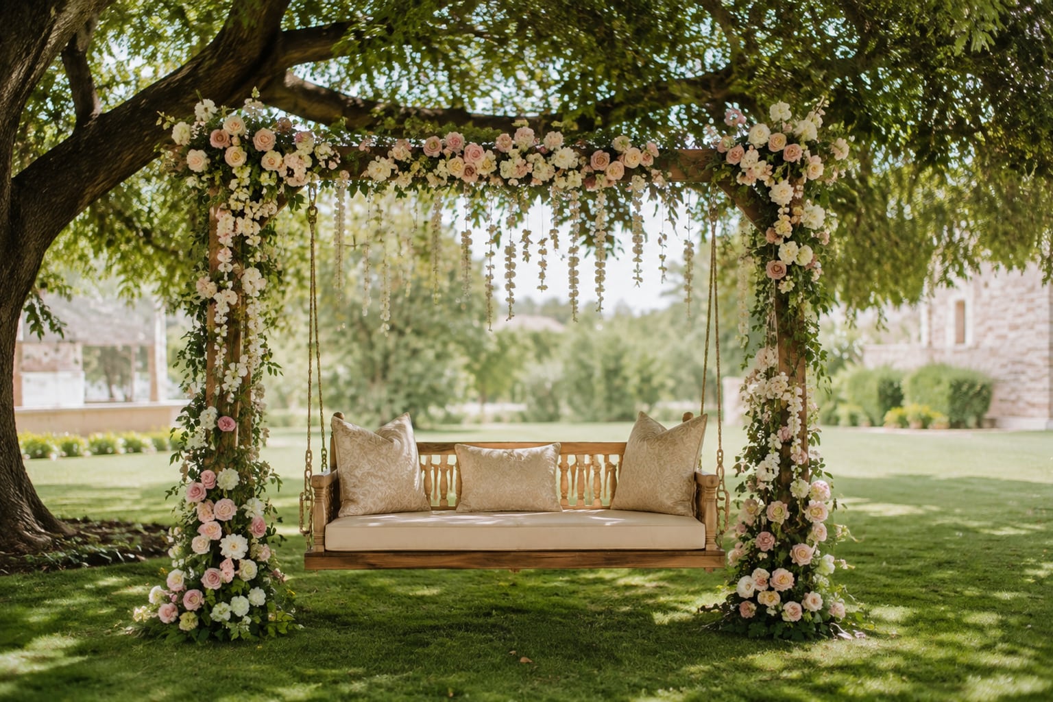A decorated garden swing under a tree