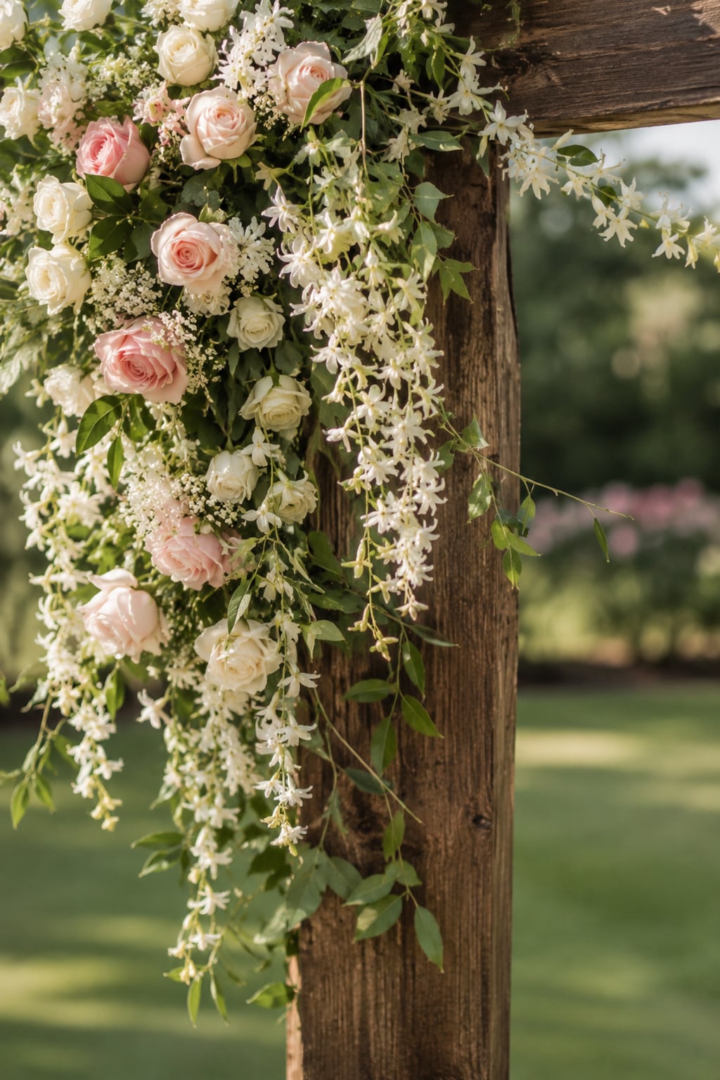 Close detail of rose and jasmine on a rustic wooden frame
