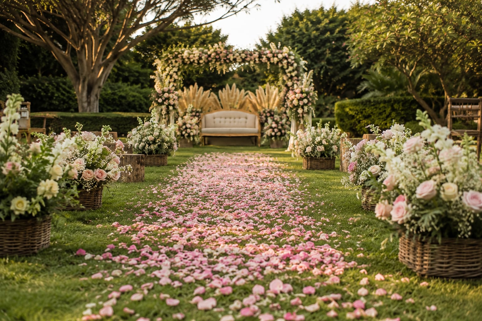 A scattered rose-petal pathway across the lawn