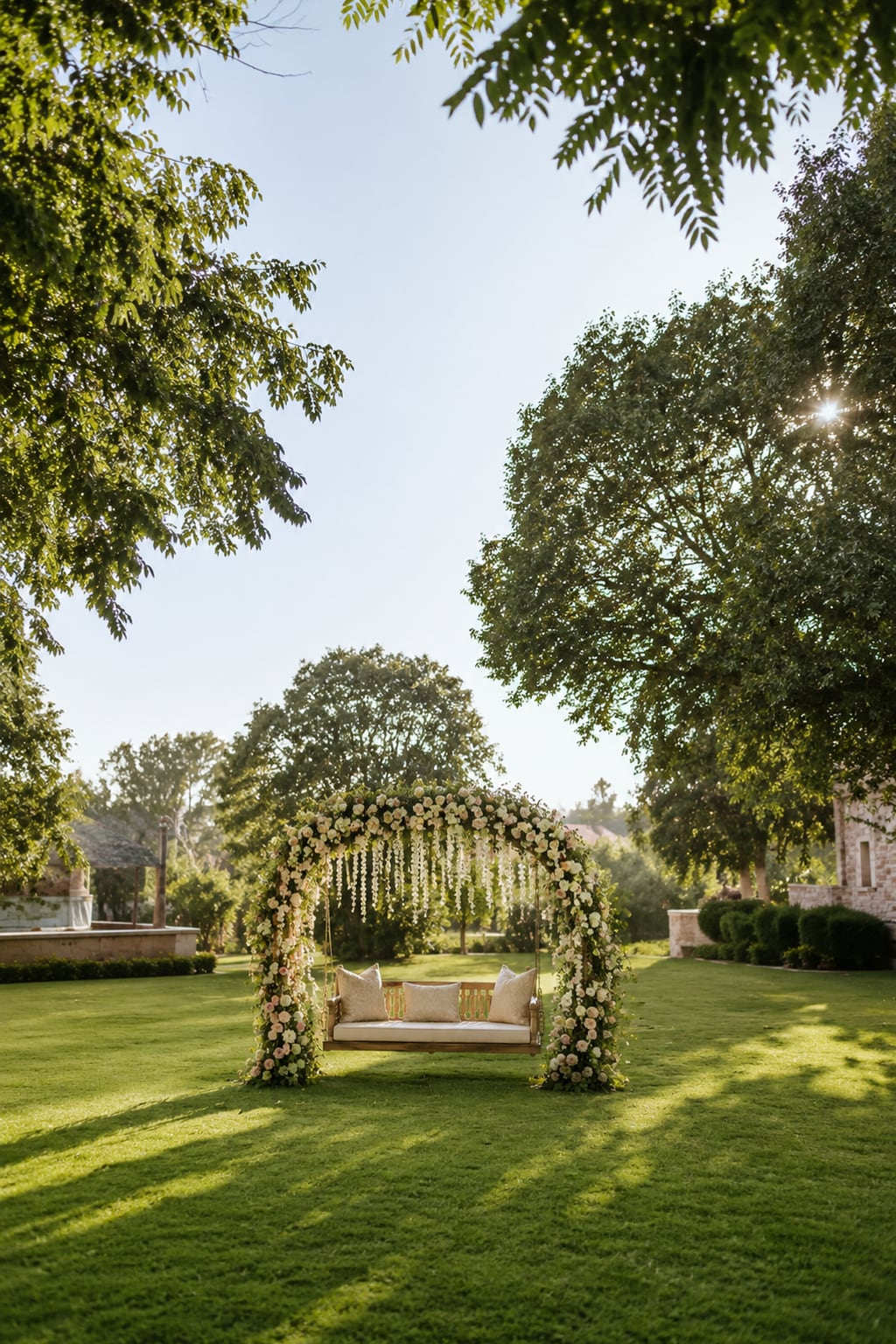 The full garden set seen small within the wider lawn
