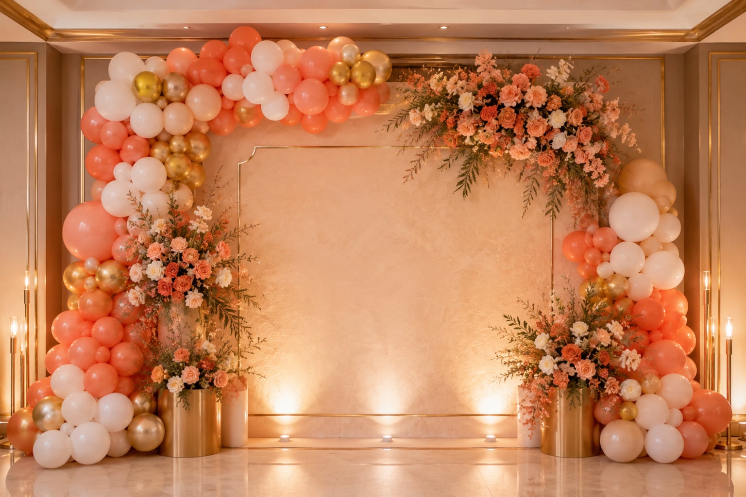 A floral-and-balloon birthday backdrop