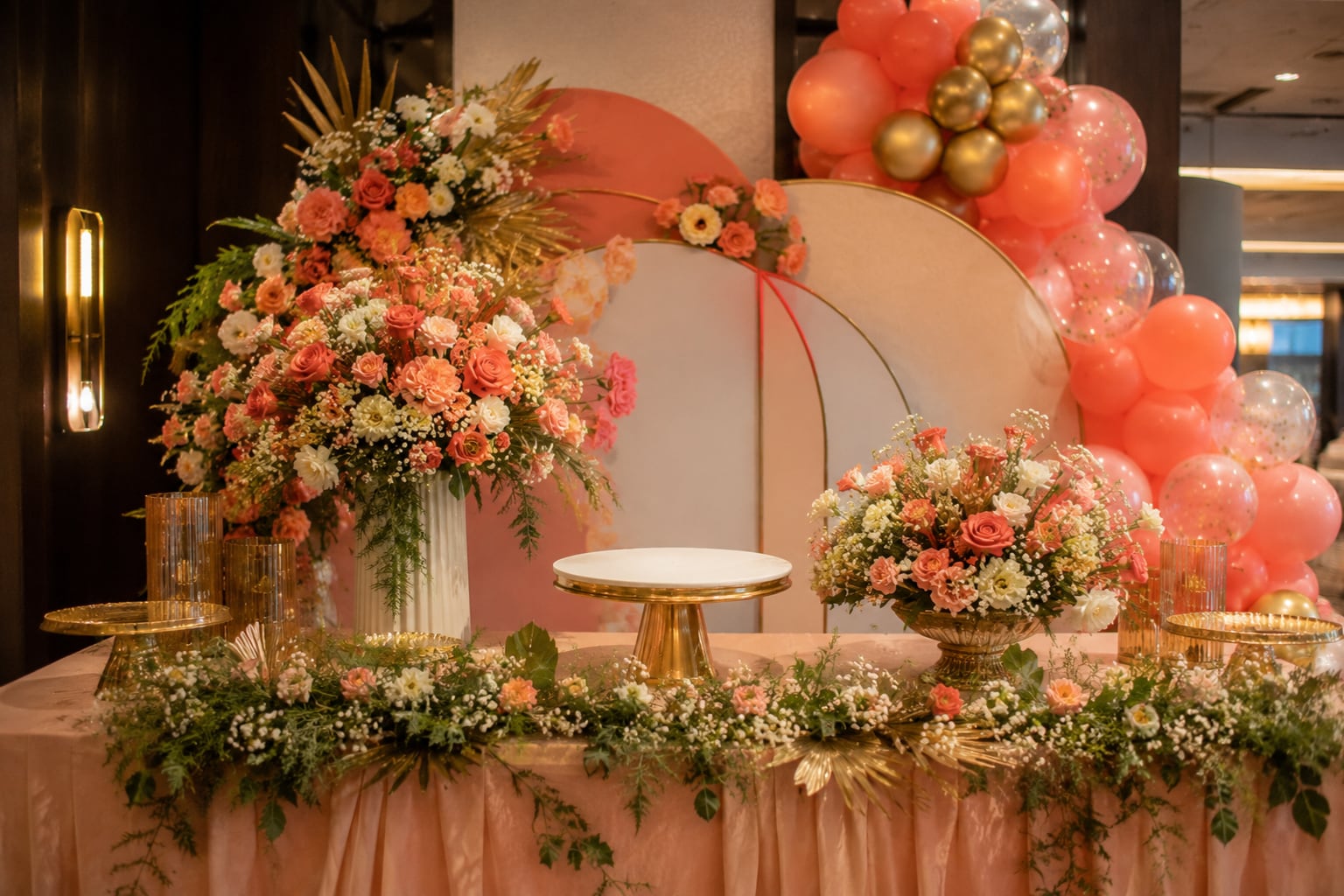 A dessert table trimmed with matching florals and balloons