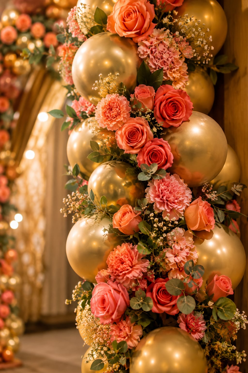 Close detail of a balloon-and-flower garland