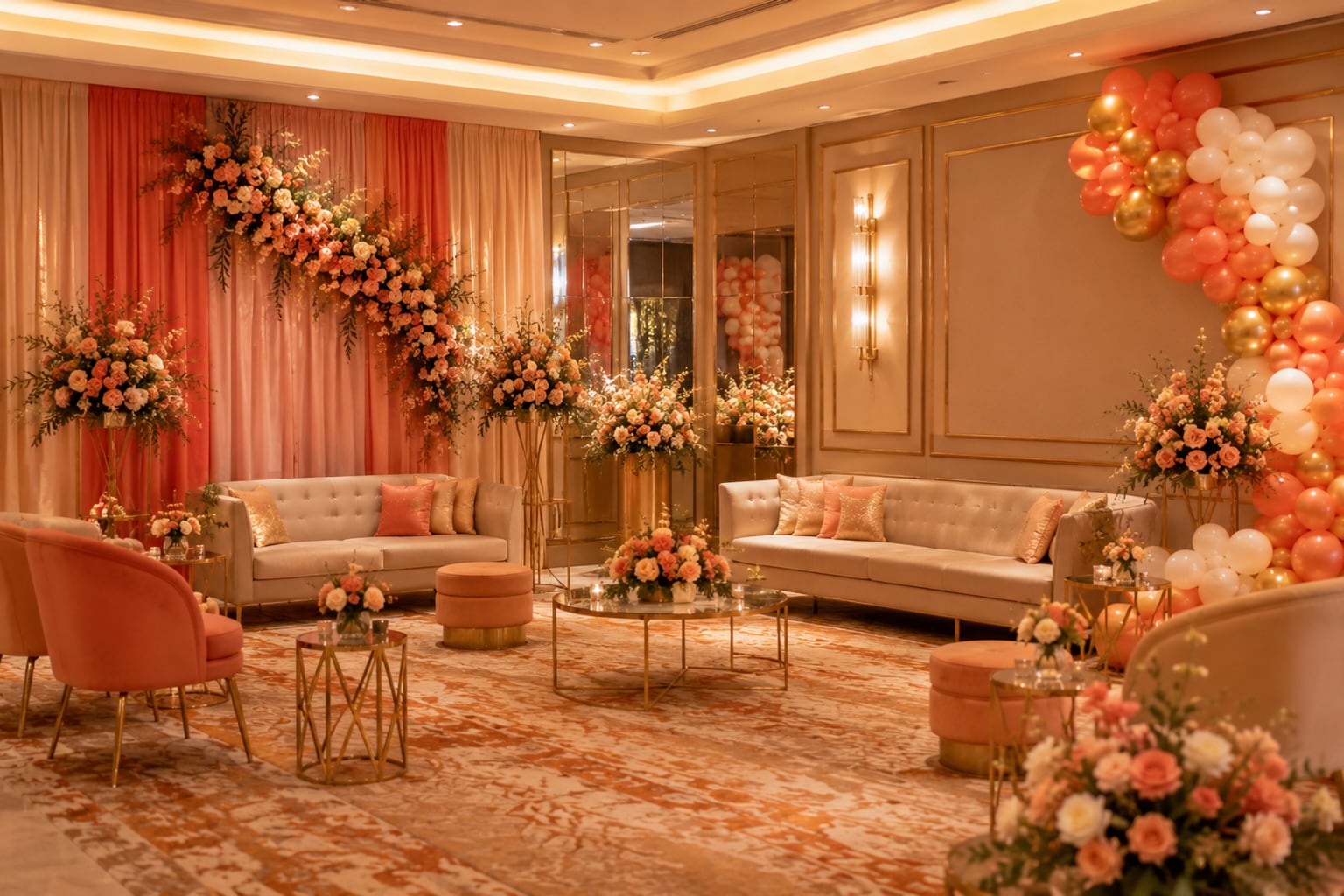 A lounge seating area decorated with florals and balloons