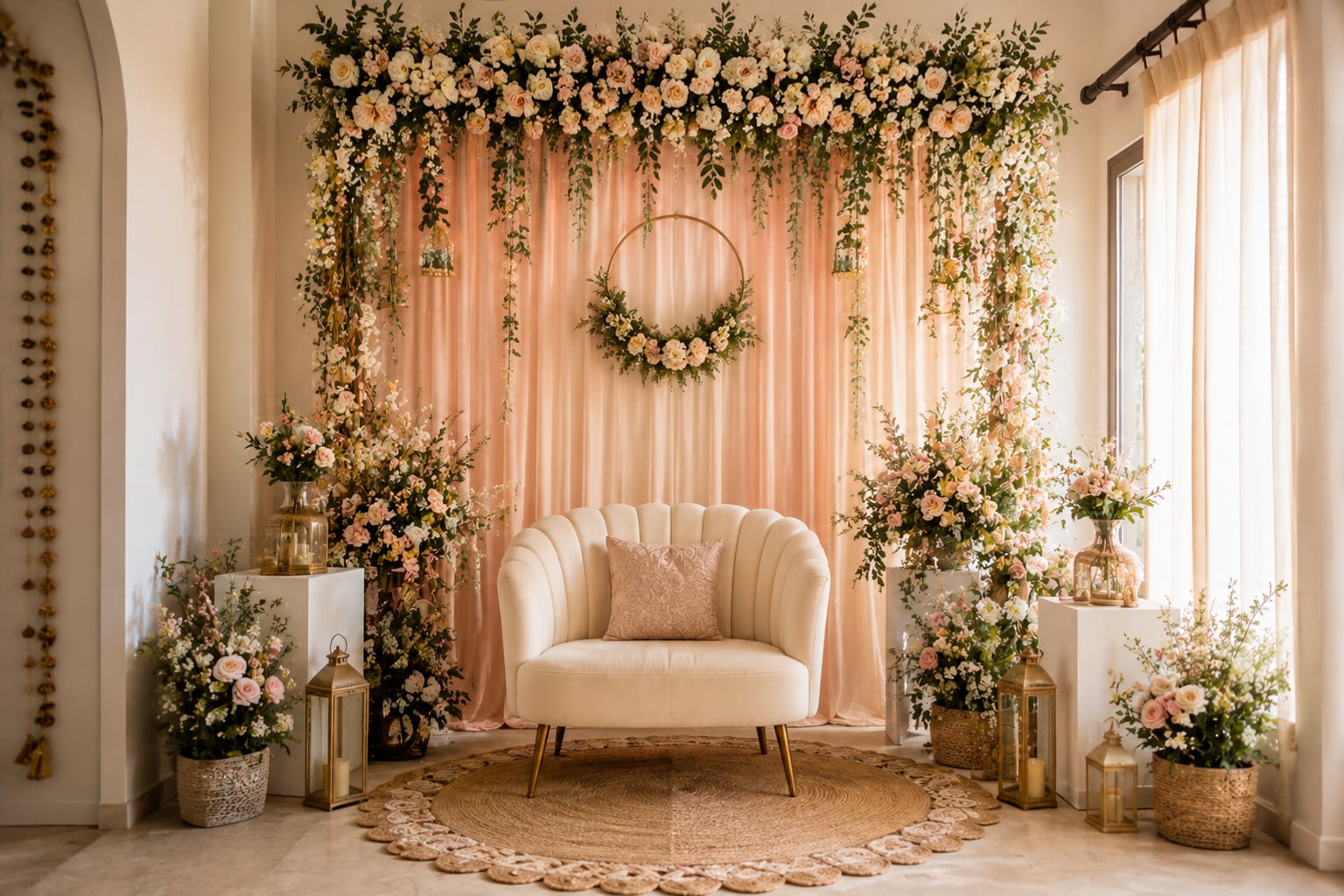 A pastel floral backdrop for a godh bharai seating chair