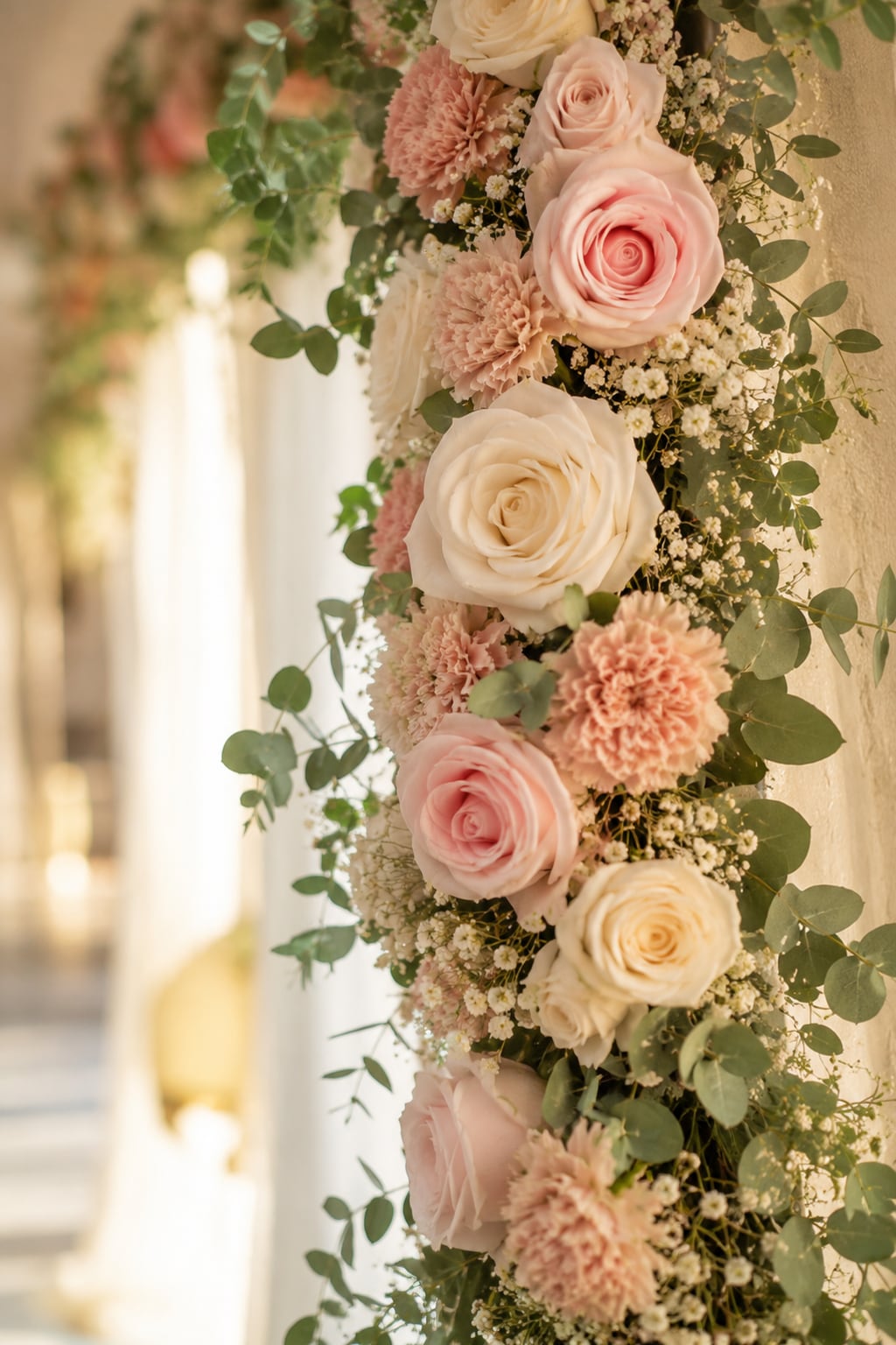 Close detail of a blush-and-cream garland with sage foliage