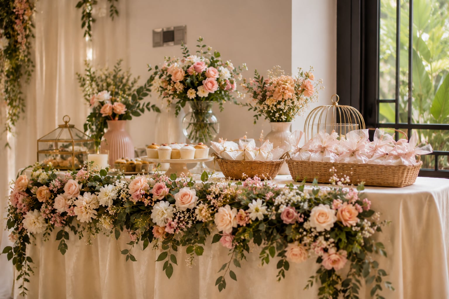 A small gift table trimmed with blush and cream flowers