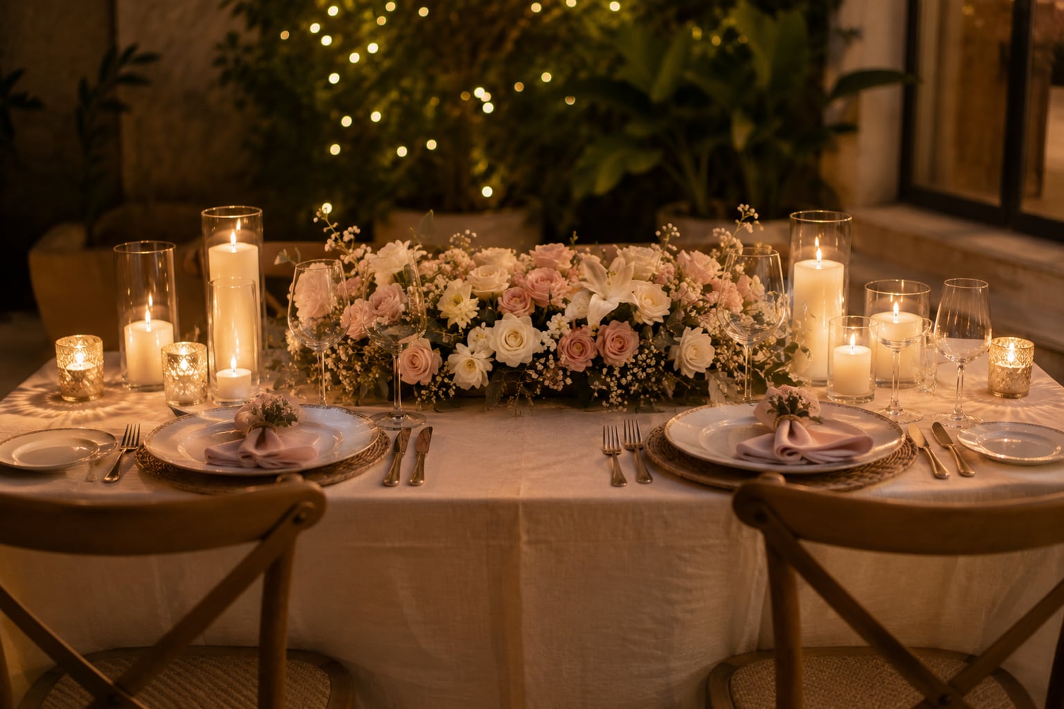 A dinner table for two with a candlelit floral centrepiece