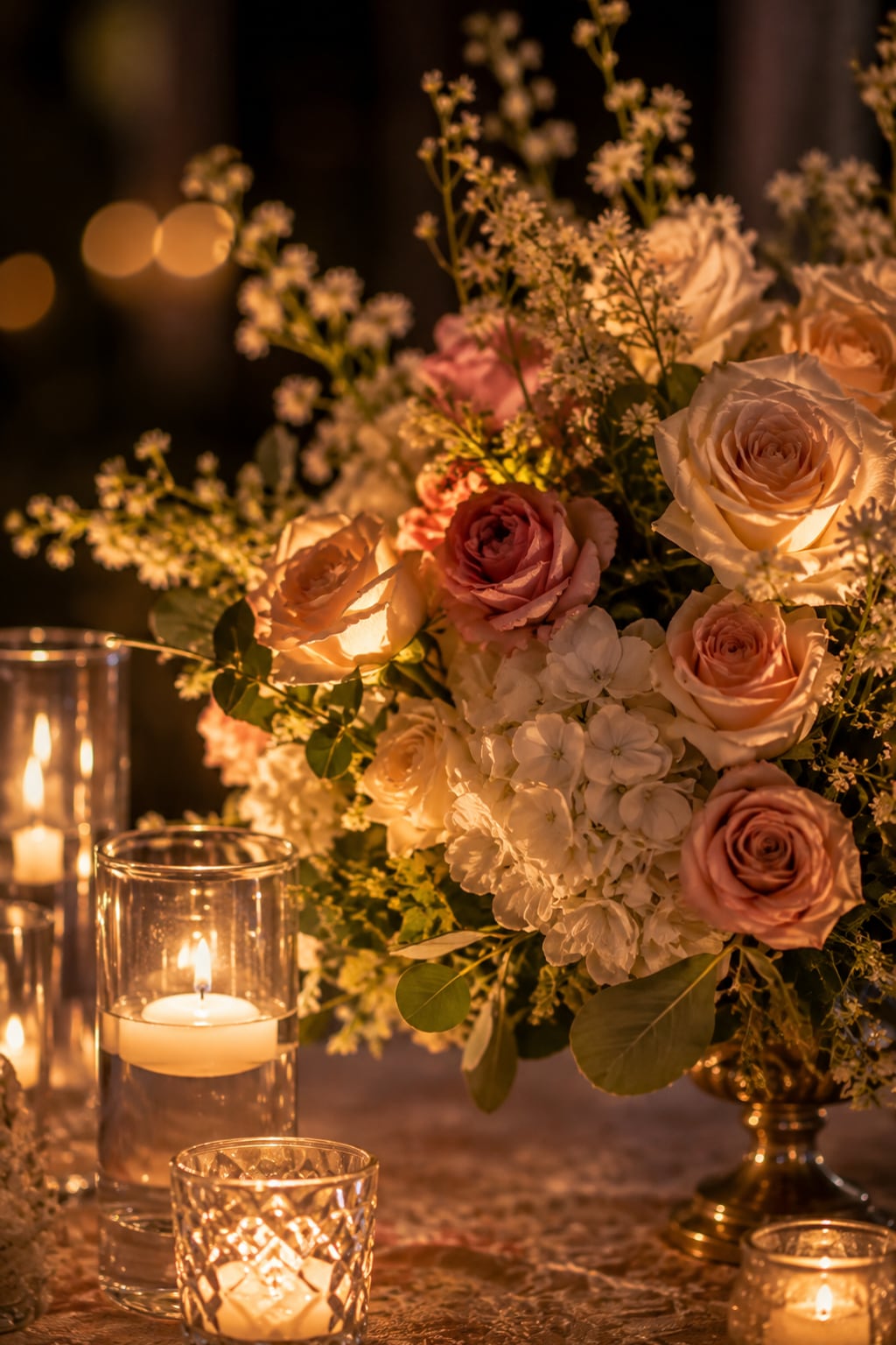Close detail of a floral-and-candle centrepiece