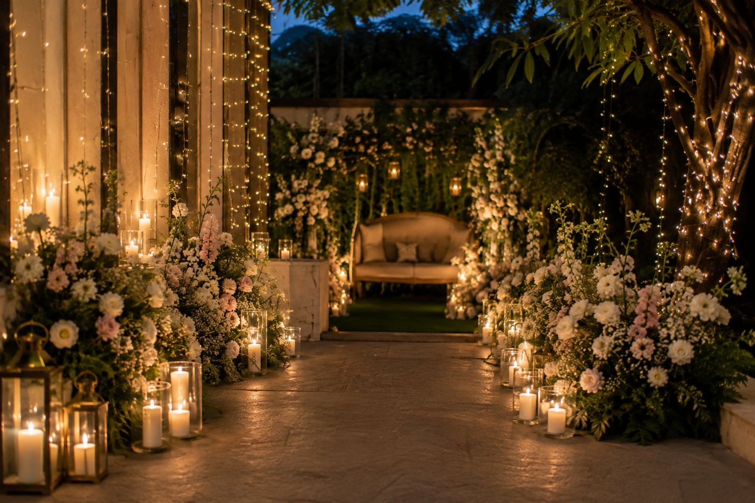 A candlelit walkway lined with white and blush flowers