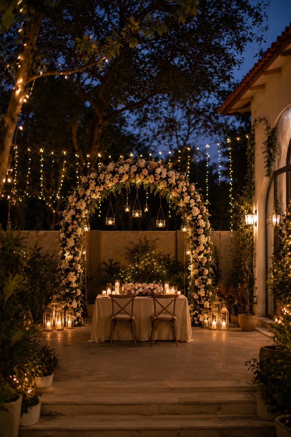 The full anniversary setup seen small within the venue at dusk